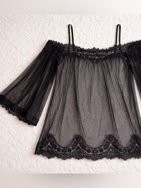 Sheer Lace Kimono Robe Romantic Boudoir Lightweight Flowy Black OS